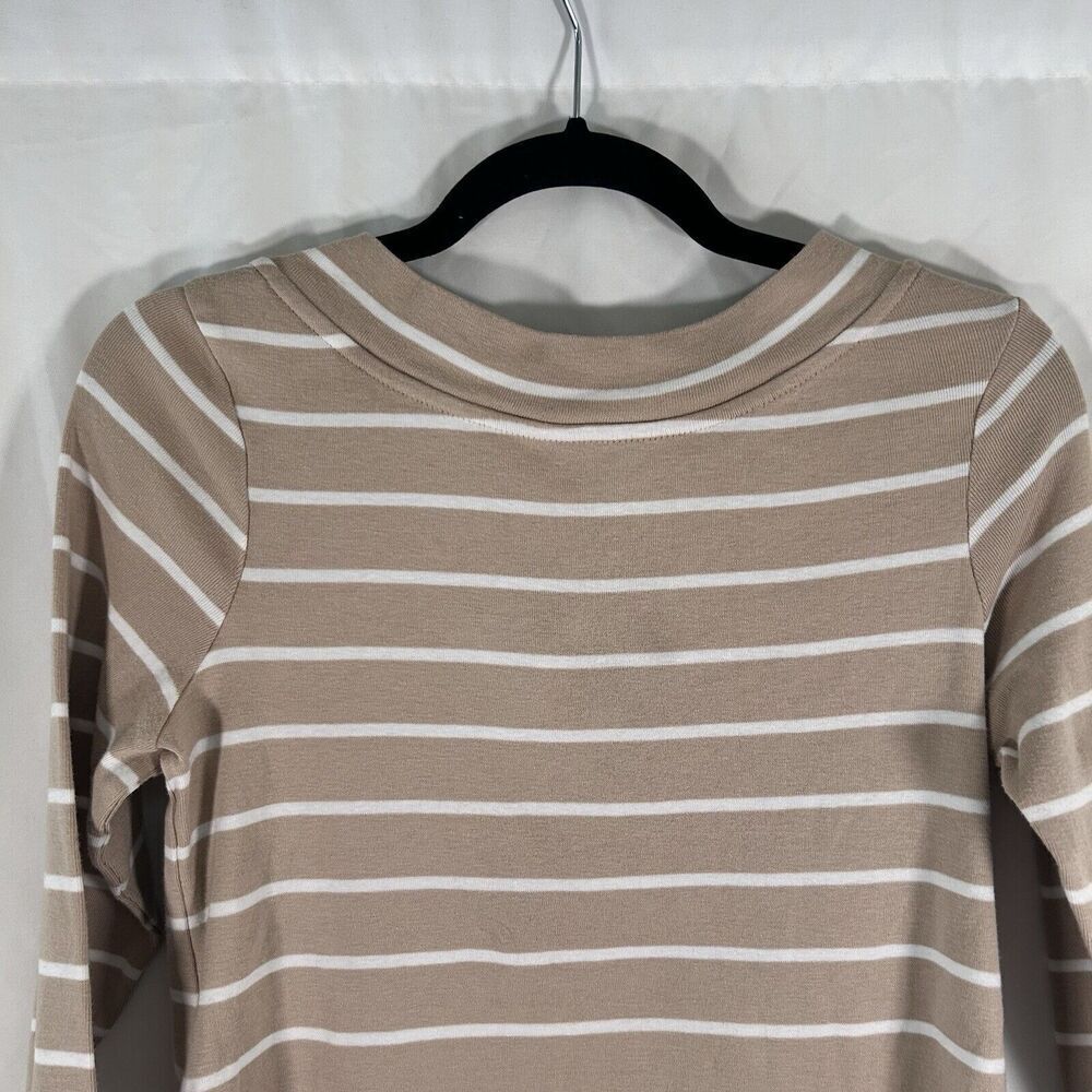 Chico's Blouse Women's Small Beige White Striped 3/4 Sleeve Round Neck Cotton - Picture 7 of 9